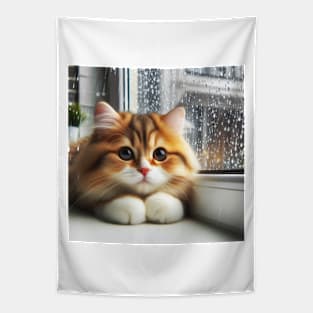 Cute orange cat on rainy day Tapestry