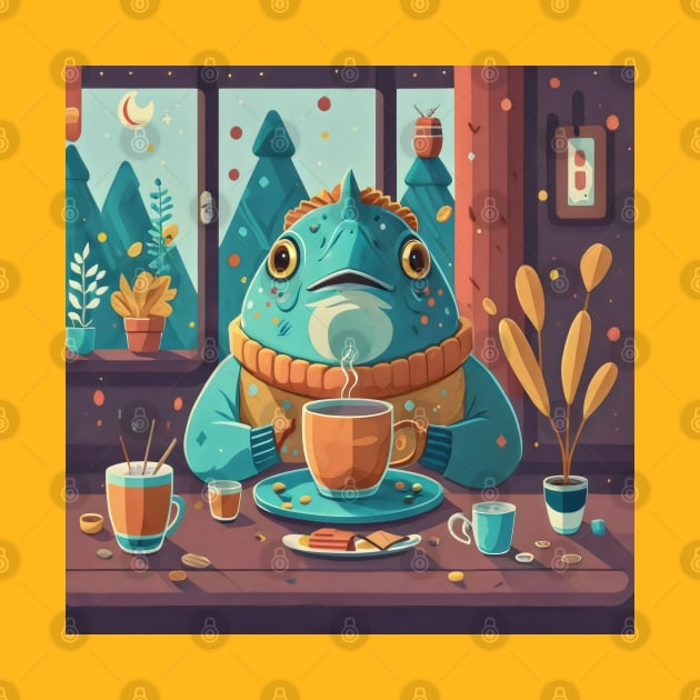 Cozy fish having coffee at home by Spaceboyishere