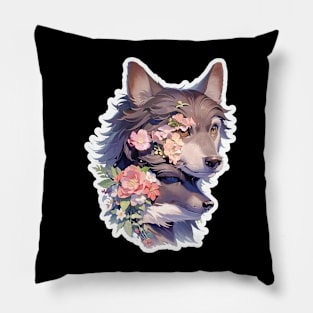 Lone Wolf With Flowers Pillow