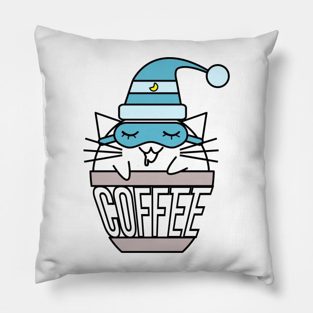 Cat in coffee cup with warped text sleeping blue Pillow by coffeewithkitty