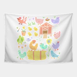 Pastel Spring Chickens and Flowers Tapestry