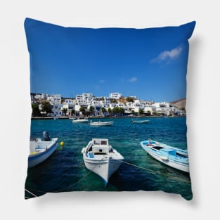 The small harbor in the fishing village Panormos in Tinos island, Greece Pillow