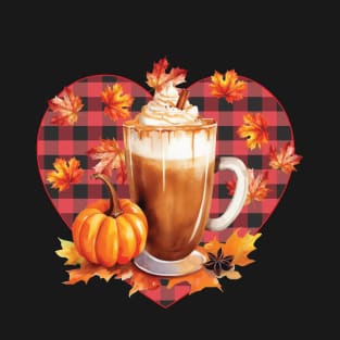 I Love My Pumpkin Spice Chai Latte, No Text, Plaid Heart, Falling Leaves , Watercolor art T-Shirt