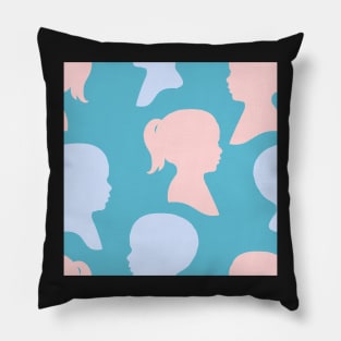 Child Silhouettes - Pale Pink and Blue on Turquoise Background Pillow