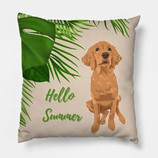 Hello Summer with Golden Retriever Dog and Tropical Palm Leaves Pillow