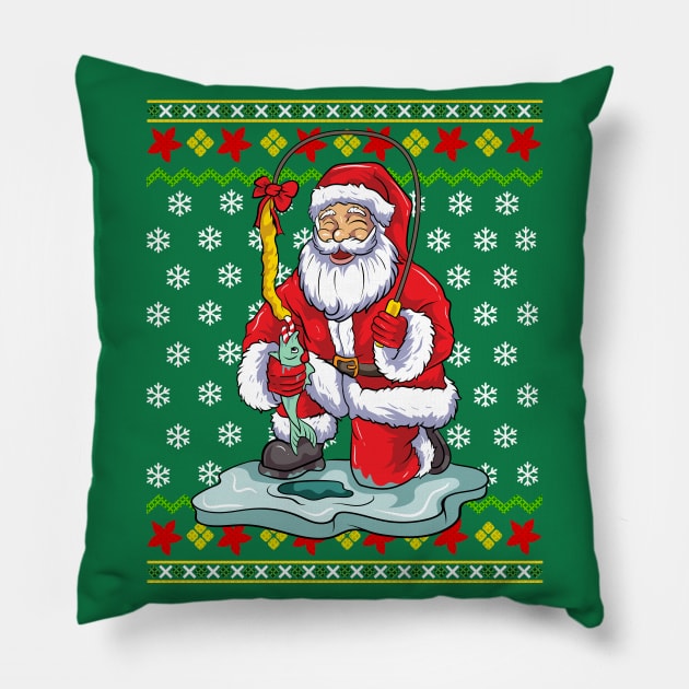 Ice Fishing Santa Claus Fisherman Ugly Christmas Sweater Pillow by E