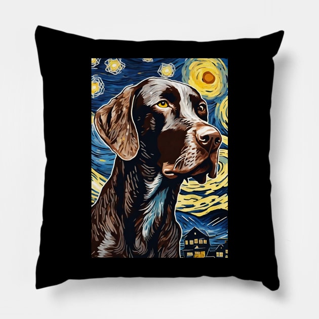 German Shorthaired Pointer Gsp Dog Breed Painting in a Van Gogh Starry Night Art Style Pillow by Art-Jiyuu