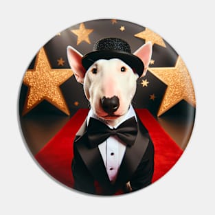 Happy bull terrier wearing tuxedo and hat in front of stars Pin