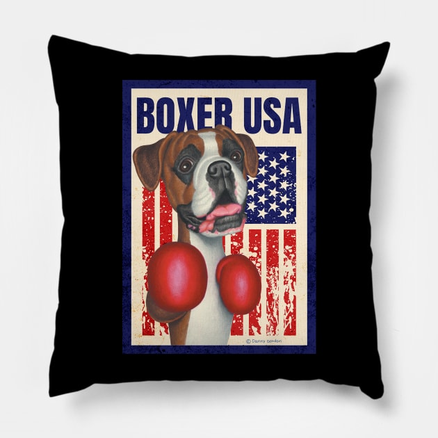 Cute funny red white and blue Boxer Dog with Boxing Gloves USA Pillow by Danny Gordon Art