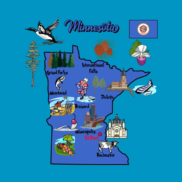 Hand Drawn Illustration of Minnesota state Map with Tourist Destinations, USA by Mashmosh