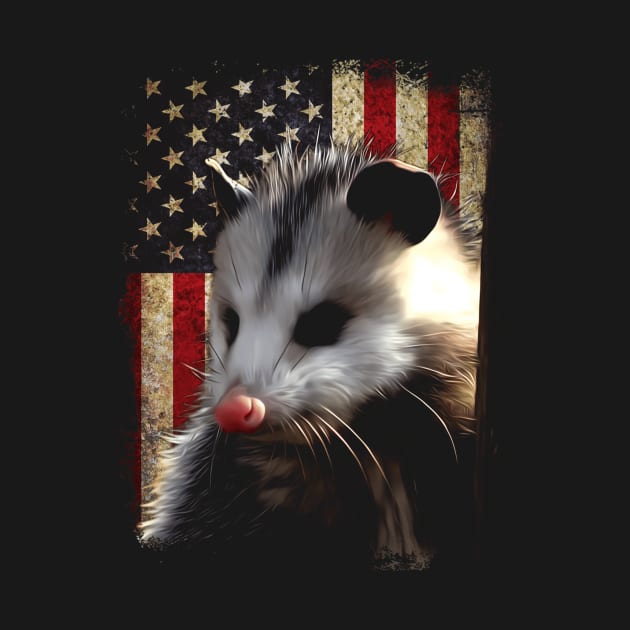 Urban Opossum American Flag Tee for Nocturnal Nature Lovers by Kevin Jones Art