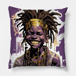 Vibrant Joy: African Boy with Dreadlocks in Purple and Gold Pillow