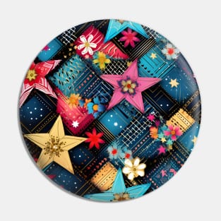 Patchwork Flowers and Stars Pin