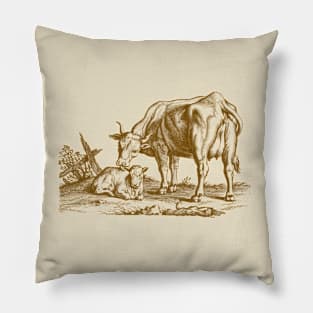 Cow and Calf, Animal Motherhood Scene Vintage Illustration Pillow