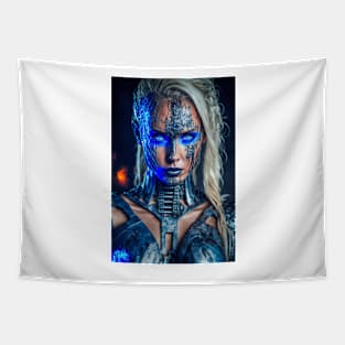 Cybernetic Beautiful Woman in Blue Tapestry