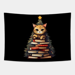 Cat Bookworm Christmas Tree Books Tapestry