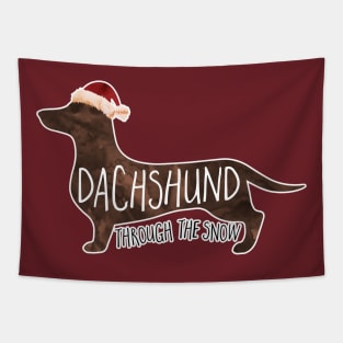 Dachshund Through The Snow - a funny Christmas design of a weiner dog with a Santa hat Tapestry