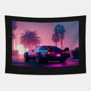 Illustration of an 80s Synthwave Neon cyberpunk supercar Tapestry