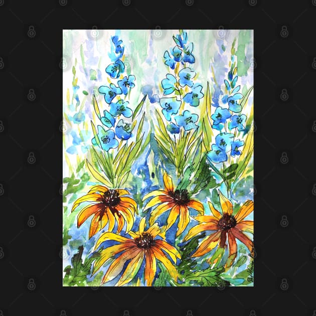 Delphinium and Echinacea  Flowers Watercolor Painting by SvitlanaProuty