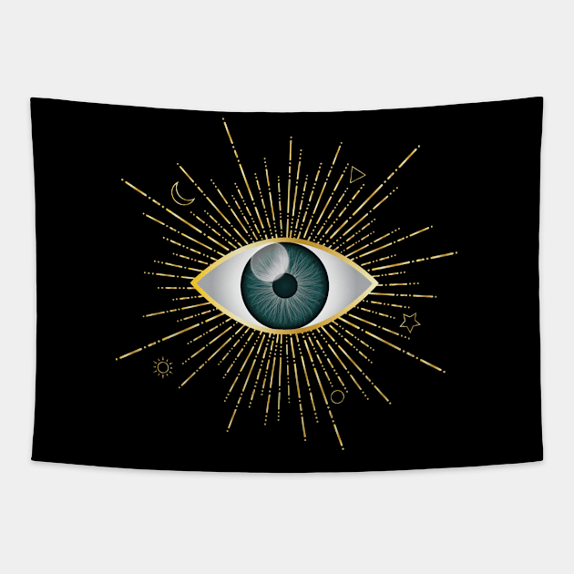 Teal Green Evil Eye Gold Eyelashes Sun Moon Star Nazar Mati Talisman Tapestry by karenmcfarland13