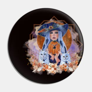 Halloween pumpkin time witch art by Renee Lavoie Pin