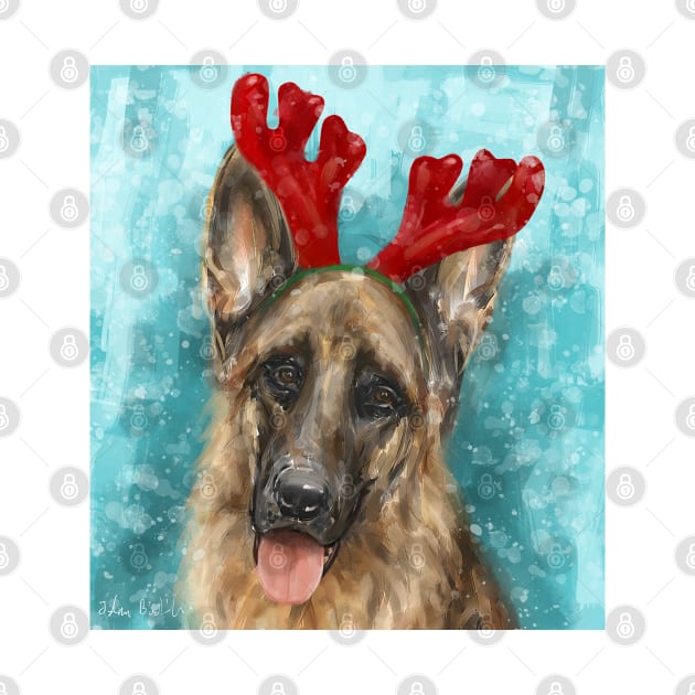 Painting of a German Shepherd With Red Reindeer Antlers by ibadishi