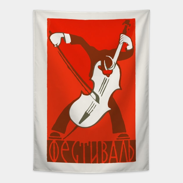 Cello Player ---- Retro Soviet Poster Aesthetic Tapestry by DrumRollDesigns