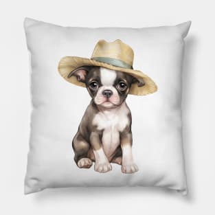 Watercolor Boston Terrier Dog in Straw Hat Pillow