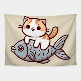 cute cat ride fish Tapestry