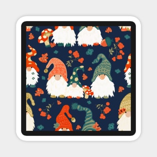 Autumn Gnomes with Long White Beards and Knitted Hats on Blue Background Magnet