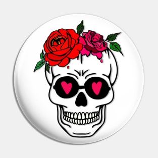 Loving skull N.1, with flower crown and glasses with pink hearts, special white backgrounds Pin