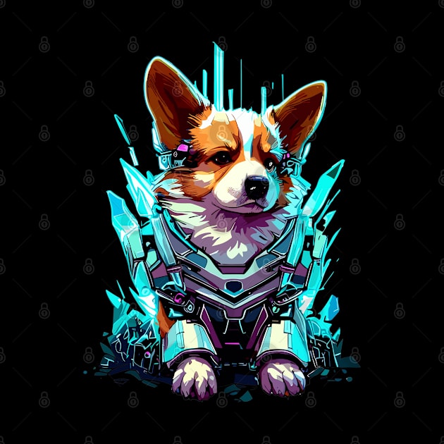 Cyber blue neon robot corgi by TomFrontierArt