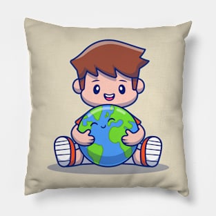 Boy Hugging Cute Earth Pillow