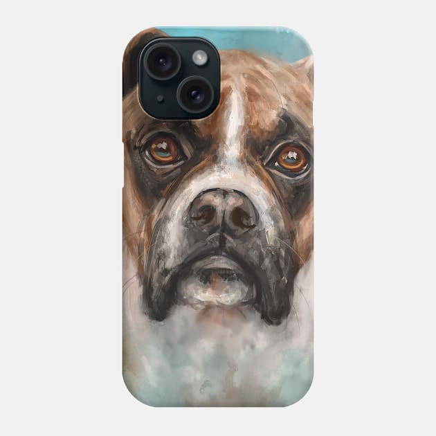 Contemporary Painting of a Brown Boxer Dog with a Curious Expression on Blue Background Phone Case by ibadishi