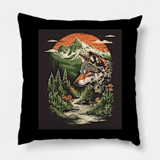 Majestic Wilderness: Lone Wolf and Mountain Landscape Tee for her for him Pillow