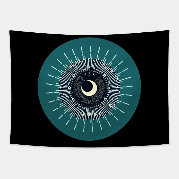 Halloween Cresent Moon, Celestial Symbols, Portents, Omens, Signs, and Fortunes - Teal and Black Variation Tapestry by SwagOMart