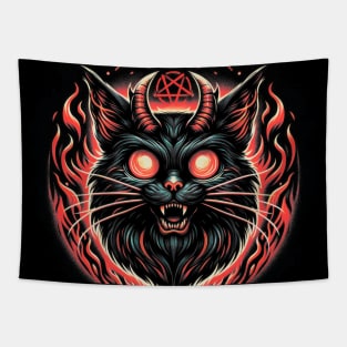 Evil Cat with Horns and Pentagram Tapestry