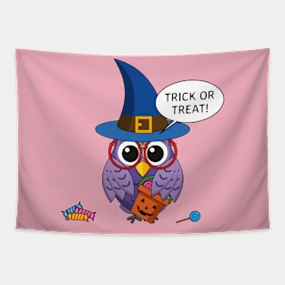 Cartoon Wizard Owl - Trick or Treat Tapestry