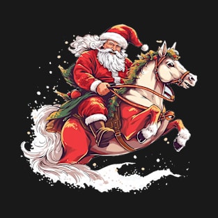 Merry Christmas Santa Claus Riding Red Horse T-Shirt