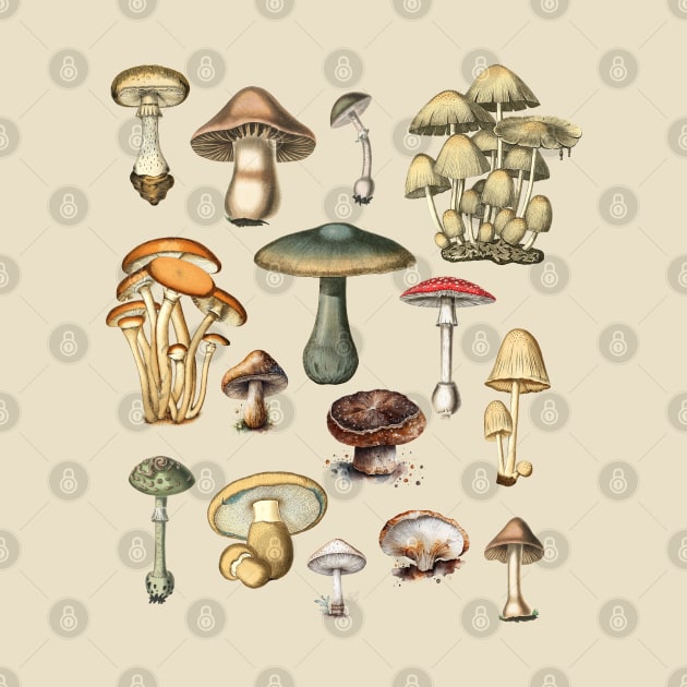 Vintage Mushrooms Dark Academia Illustrations by PUFFYP