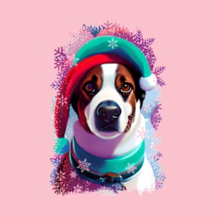 Dog wearing Santa Hat, christmas colorful snow ensemble pattern. T-Shirt