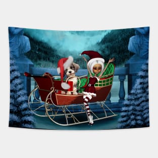 Cute christmas puppy and elf in the moonlight Tapestry