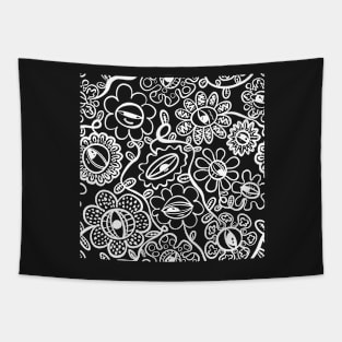 Graphic Eye Flower Pattern White Ink Linework Tapestry