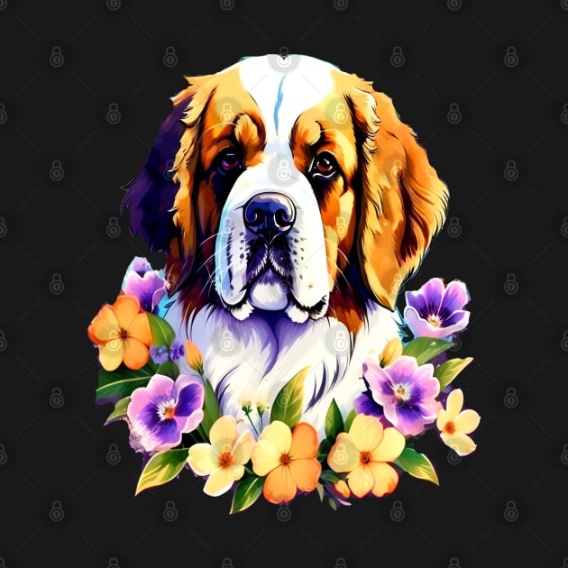 Saint Bernard Dog Surrounded by Beautiful Spring Flowers by BirdsnStuff