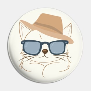 Chic Cat in Brown Hat and Blue Shades - Minimalistic Cat Art Pin