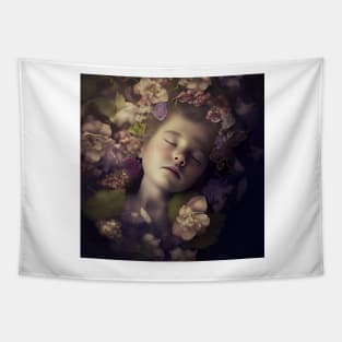 A Young Child Asleep in A Bed of Flowers Tapestry