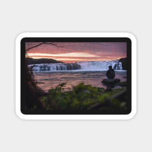 Man Watching Midnight Sunset by the Waterfall during Summer in Iceland Magnet