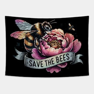 Bee peony and banner save the bee,  motivational, ways to help the earth,save planet earth Tapestry