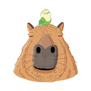 Budgie sitting on Capybara Friendly Animals Rodent Design T-Shirt