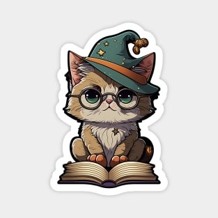 Magical Cat with a Spellbook - Adorable Magic Cat Cartoon Magnet